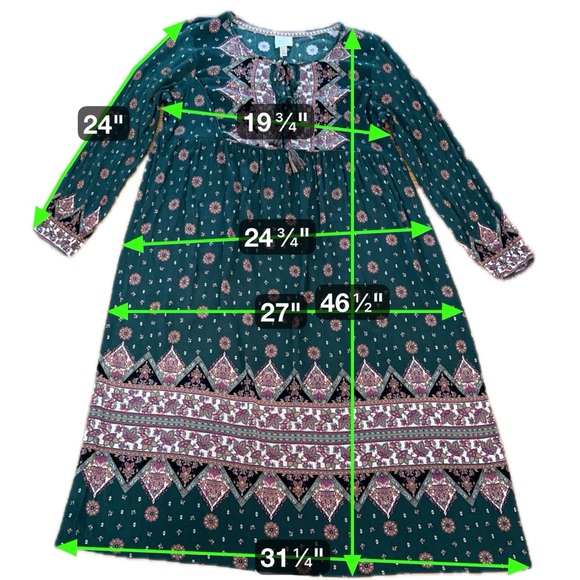 Knox Rose Boho Midi Dress XL Green Floral Paisley Tassel Peasant Style - Picture 11 of 12